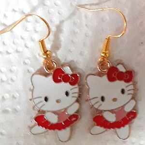 Hello Kitty Dangle Earrings Gold Enamel Stainless Steel Jewelry NEW
